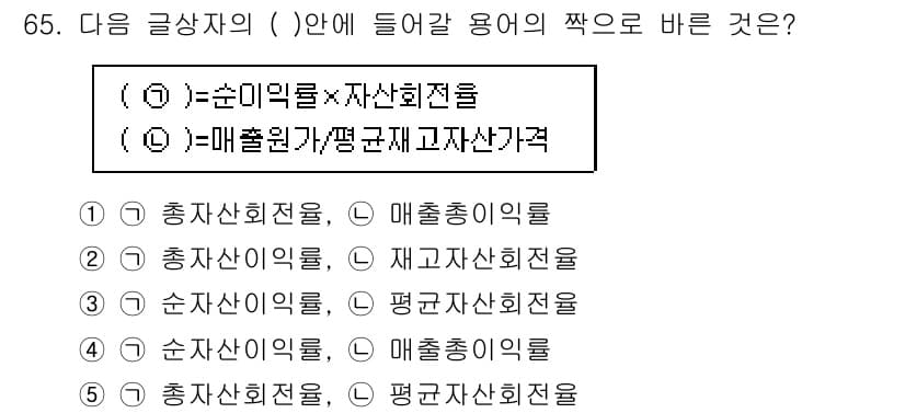 유통관리사_1급 2018년 65번 - 주어진 문제에서 '( )'에 들어갈 용어는 순이익률과 자산회전율의 곱으로... 에 관한 핵심 기출문제