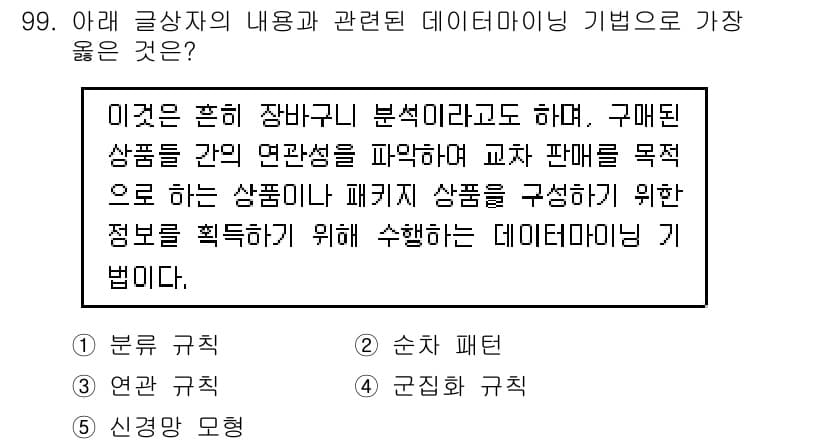 유통관리사_1급 2019년 99번 - 주어진 내용은 상품 간의 연관성을 분석하여 교차 판매를 목적으로 하는 데... 에 관한 핵심 기출문제
