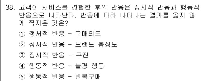 유통관리사_3급 2019년 38번 - 정서적 반응은 고객의 감정적 반응을 의미하며, 행동적 반응은 고객의 실제... 에 관한 핵심 기출문제
