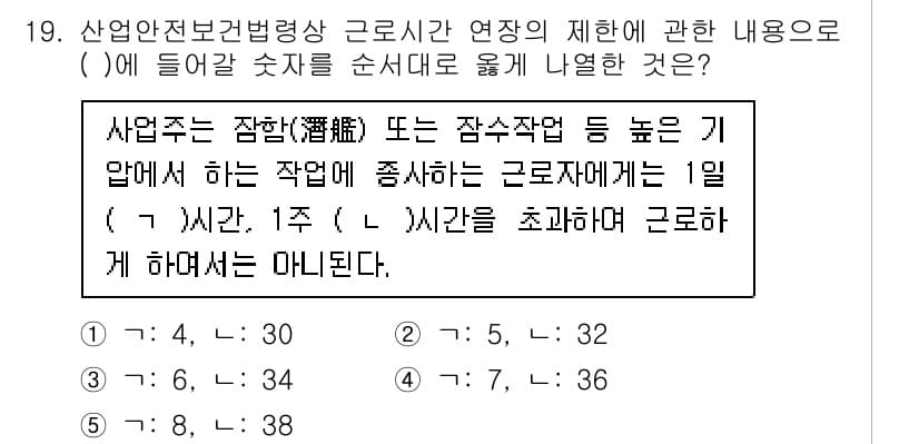 산업보건지도사 2015년 19번 - 산업안전보건법상 고용주가 근로자에게 제공해야하는 연장 근로시간에 대한 규... 에 관한 핵심 기출문제