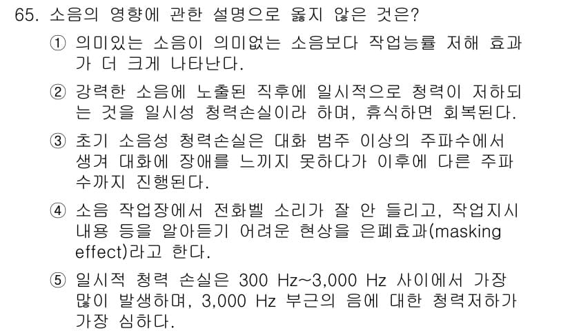 산업보건지도사 2015년 65번 - 문제에서 제시된 선택지 중에서 '5'가 정답인 이유는, 일시적 청력 손실... 에 관한 핵심 기출문제