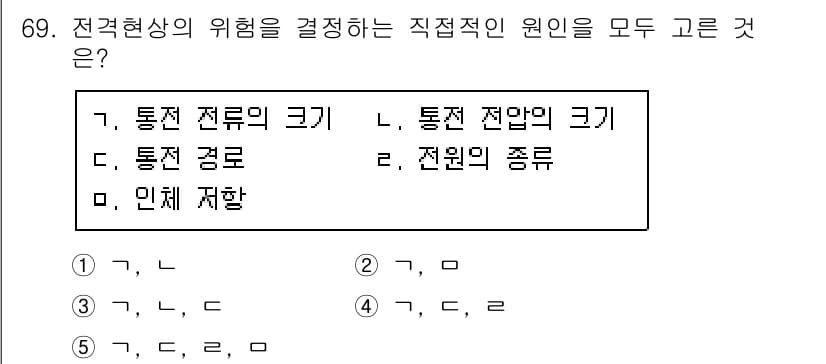 산업보건지도사 2015년 69번 - 전격현상의 위험을 결정하는 직접적인 원인은 주로 통전 전류의 크기, 통전... 에 관한 핵심 기출문제