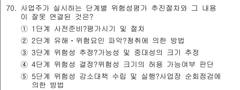 산업보건지도사 2015년 70번 - 문제는 각 단계별 위험성 평가의 절차와 내용의 연결을 묻고 있습니다. 5... 에 관한 핵심 기출문제