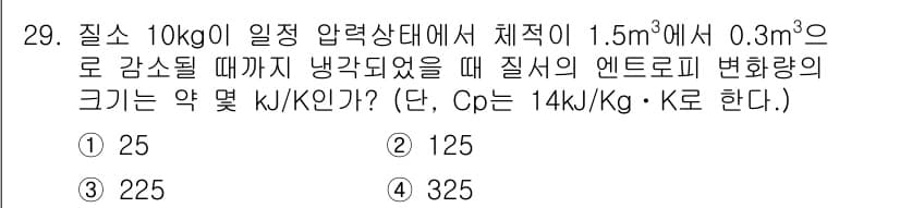 가스기사 2020년 29번 - 주어진 문제는 질소의 엔트로피 변화량을 계산하는 것입니다. 질소의 질량은... 에 관한 핵심 기출문제