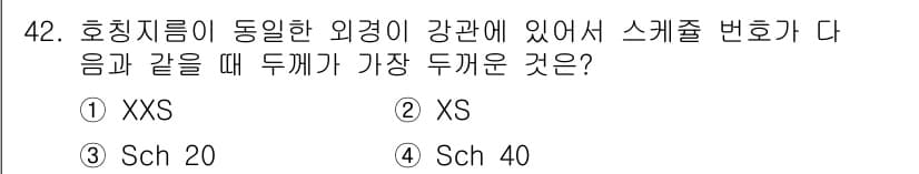 가스기사 2020년 42번 - 정답인 '1' XXS는 가장 얇은 두께를 가진 스케줄로, 호칭 지름이 동... 에 관한 핵심 기출문제