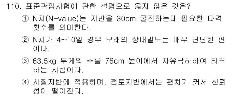 건설안전기사 2020년 110번 - 정답 '2'는 N치가 4~10일 경우 모래의 상대밀도가 매우 단단하다는 ... 에 관한 핵심 기출문제
