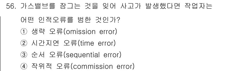 건설안전기사 2020년 56번 - 주어진 상황에서 작업자가 가스밸브를 잠그지 않은 행동은 실수로 인해 중요... 에 관한 핵심 기출문제
