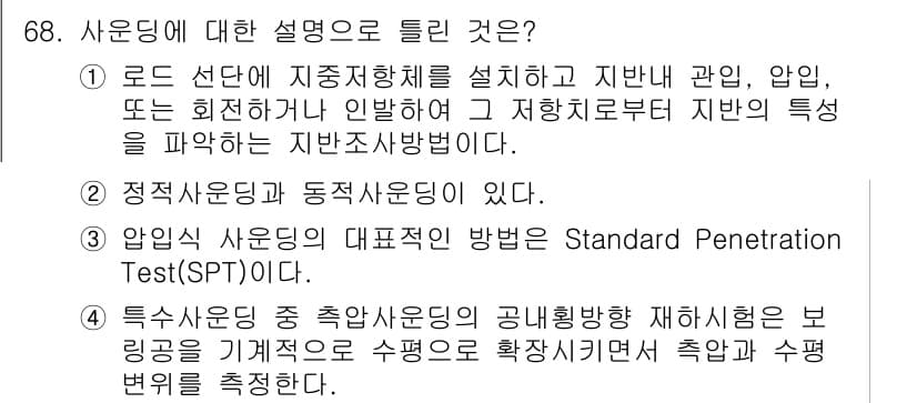 건설재료시험기사 2020년 69번 - 사운딩의 설명 중에서 '압입식 사운딩의 대표적인 방법은 Standard ... 에 관한 핵심 기출문제