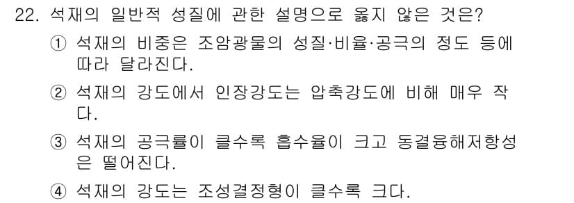 실내건축기사(구) 2020년 22번 - 석재의 강도에 대한 설명으로 맞지 않는 것은 '4'입니다. 석재의 강도는... 에 관한 핵심 기출문제