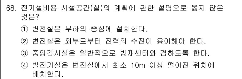 실내건축기사(구) 2020년 68번 - 정답은 '4'입니다. 발전기실은 일반적으로 변전실과의 거리 규정을 준수해... 에 관한 핵심 기출문제