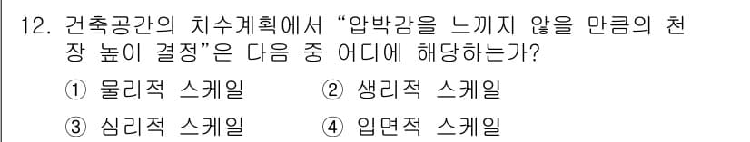 실내건축기사 2020년 12번 - 정답 '3'인 심리적 스케일은 사람의 감정과 인지에 기반한 요소로, 압박... 에 관한 핵심 기출문제