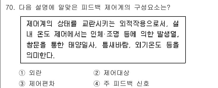 건축설비기사 2020년 70번 - 제어계의 상태를 교란시키는 외부 요인으로 설명된 내용은 '외란'에 해당합... 에 관한 핵심 기출문제