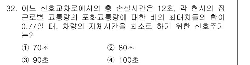 교통기사 2020년 32번 - 주어진 신호체계의 총 손실시간이 12초이고, 교통량 비율의 합이 0.77... 에 관한 핵심 기출문제