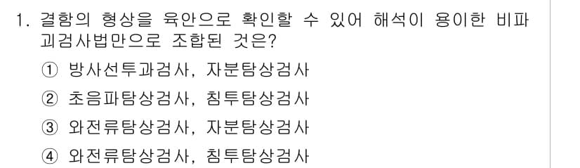 누설비파괴검사기사(구) 2020년 1번 - 결합의 형상을 육안으로 확인할 수 있는 비파괴 검사 방법은 방사선 투과 ... 에 관한 핵심 기출문제