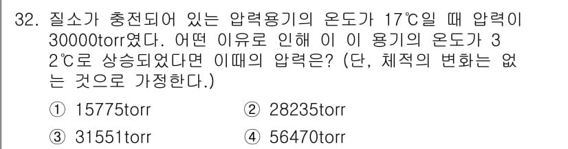 누설비파괴검사기사(구) 2020년 32번 - 기체 법칙에 따라 압력은 온도에 비례합니다. 주어진 문제에서 압력이 30... 에 관한 핵심 기출문제