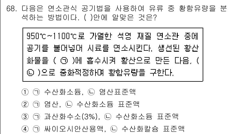 대기환경기사 2020년 68번 - 문제에서 주어진 내용은 연소과정을 통해 생성된 황산 화합물을 분석하는 방... 에 관한 핵심 기출문제