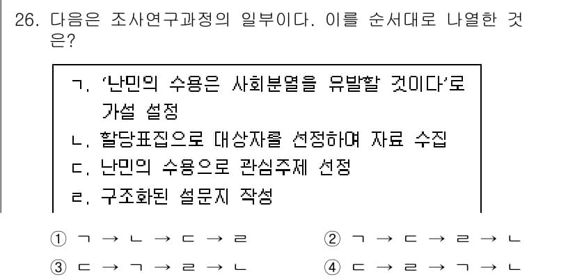 사회조사분석사_2급 2020년 26번 - 주어진 문제는 조사의 단계별 과정을 나열하는 것입니다. '가설 설정'(1... 에 관한 핵심 기출문제