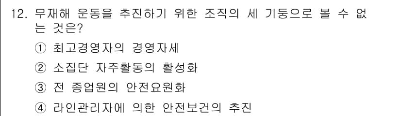 산업안전기사 2020년 12번 - 무재해 운동을 추진하기 위한 조직의 기능 중 '최고경영자의 경영자세'는 ... 에 관한 핵심 기출문제
