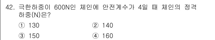 산업안전기사 2020년 42번 - 이 문제는 체인의 정격 하중을 계산하는 것으로, 주어진 극한 하중(600... 에 관한 핵심 기출문제