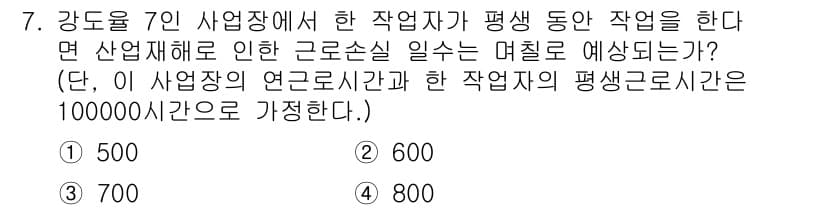 산업안전기사 2020년 7번 - 이 문제에서 주어진 정보에 따르면, 7인의 작업자가 평균적으로 일하는 시... 에 관한 핵심 기출문제