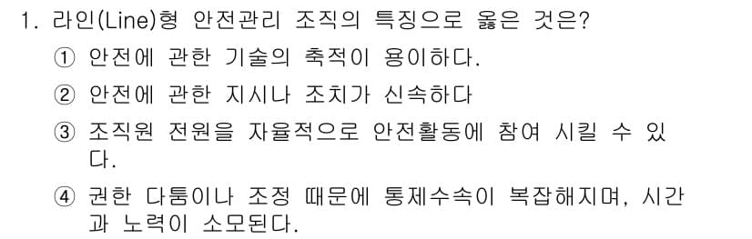 산업안전기사_필기 2020년 1번 - 라인(Line)형 안전관리 조직의 특징 중에서 "조직원 전원이 자율적으로... 에 관한 핵심 기출문제
