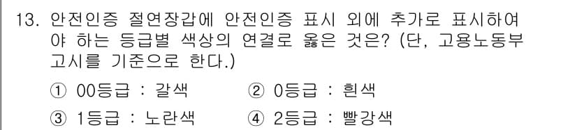 산업안전기사_필기 2020년 13번 - 안전인증 절연장갑의 등급별 색상 코드에 따르면, 00등급은 갈색, 0등급... 에 관한 핵심 기출문제
