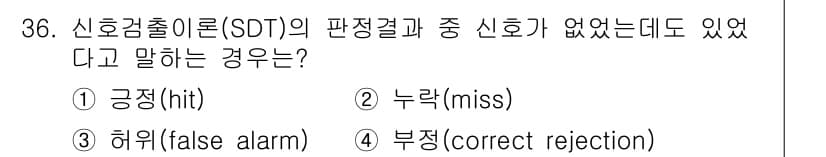 산업안전기사_필기 2020년 36번 - 허위(false alarm)는 실제로 신호가 없는데 신호가 있다고 잘못 ... 에 관한 핵심 기출문제
