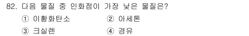 산업안전기사_필기 2020년 82번 - 이 문제의 정답인 '이황화탄소'는 인화점이 매우 낮습니다. 인화점이란 물... 에 관한 핵심 기출문제