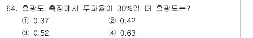 수질환경기사 2020년 64번 - 투과율이 30%일 때, 흡광도는 다음 공식에 의해 계산됩니다: \[ \t... 에 관한 핵심 기출문제
