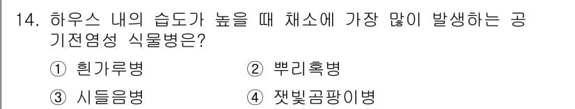식물보호기사 2020년 14번 - 하우스 내의 습도가 높을 때 가장 많이 발생하는 공기전염성 식물병은 '잿... 에 관한 핵심 기출문제