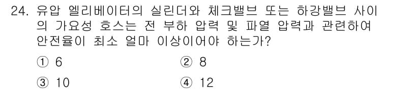 승강기기사 2020년 24번 - 이 문제는 유압 엘리베이터의 실린더와 체크밸브 사이의 가요성 호스에 대한... 에 관한 핵심 기출문제