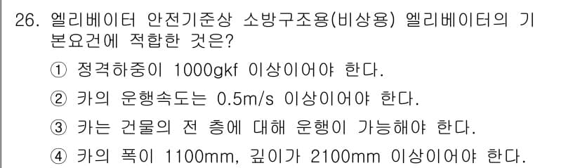 승강기기사 2020년 26번 - 엘리베이터 안전기준상 소방구조용 엘리베이터의 기본 요건에 따르면, '3'... 에 관한 핵심 기출문제