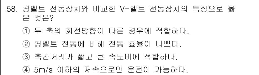 승강기기사 2020년 58번 - V-벨트 전동장치는 두 축의 회전 방향이 다른 경우에 적합하며, 이는 평... 에 관한 핵심 기출문제
