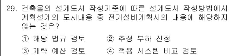 신재생에너지발전설비기사(구) 2020년 29번 - 전기설비계획서 작성 시, '적용 시스템 비교 검토'는 해당 설계의 도서내... 에 관한 핵심 기출문제
