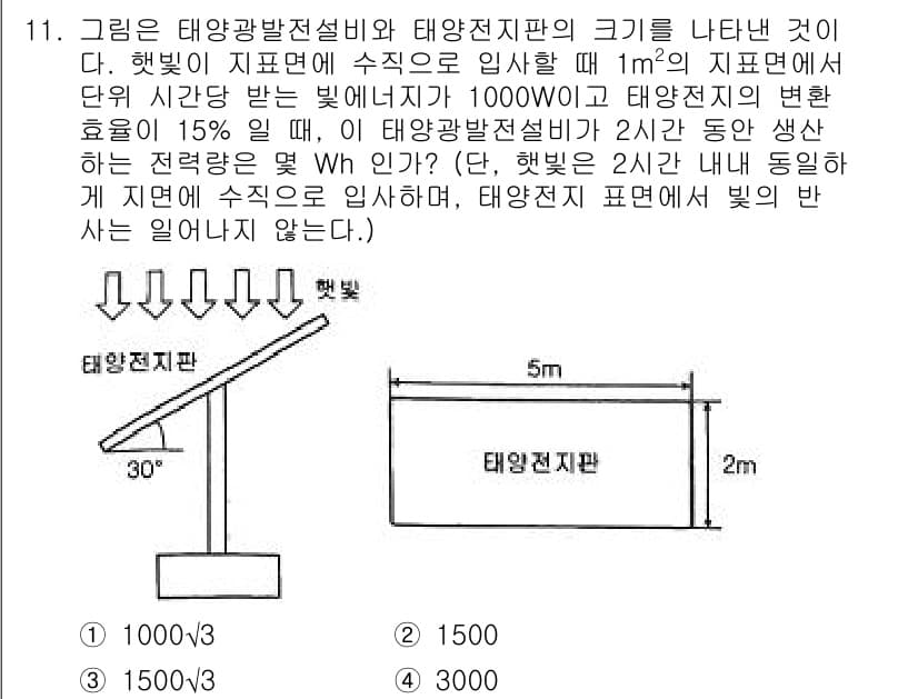 신재생에너지발전설비기사 2020년 11번 - 주어진 문제에서 태양광발전설비가 2시간 동안 생산하는 전력량을 구하기 위... 에 관한 핵심 기출문제