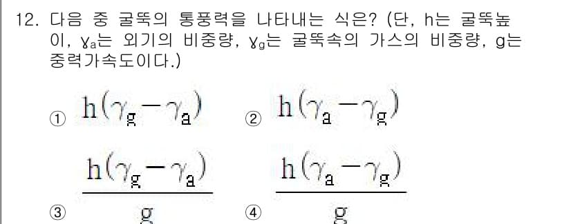 에너지관리기사 2020년 12번 - 이 문제에서 골똥의 통풍력을 나타내는 식은 기체의 비중과 관련이 있습니다... 에 관한 핵심 기출문제