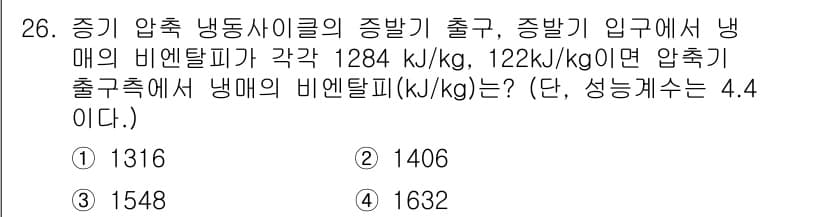 에너지관리기사 2020년 26번 - 문제에서 주어진 비엔탈피와 성능계수를 활용하여 압축기 출구에서의 비엔탈피... 에 관한 핵심 기출문제