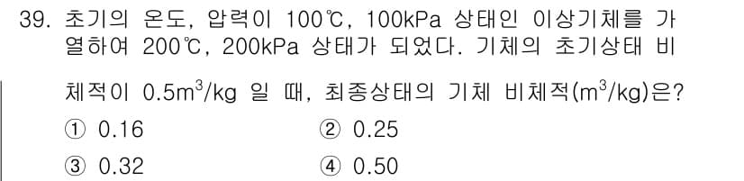 에너지관리기사 2020년 39번 - 주어진 문제에서 초기 상태의 온도, 압력, 그리고 물질의 비체적이 주어졌... 에 관한 핵심 기출문제