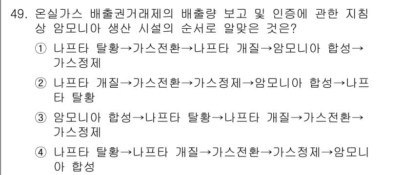 온실가스관리기사 2020년 49번 - 문제에서 묻고 있는 것은 온실가스 배출 거래제의 일련의 과정입니다. 4번... 에 관한 핵심 기출문제