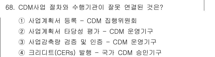 온실가스관리기사 2020년 68번 - CDM(Clean Development Mechanism) 사업 절차에서... 에 관한 핵심 기출문제