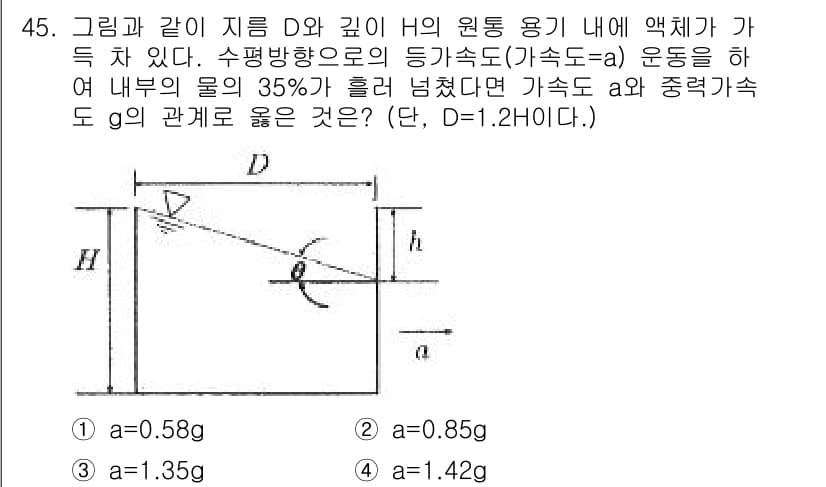 일반기계기사 2020년 45번 - 주어진 문제는 원통 용기 내에서 액체의 성질과 관련된 상정 상태를 고려하... 에 관한 핵심 기출문제