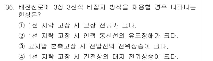 전기기사_필기 2020년 36번 - 3상 3선식 비접지 방식은 각각의 선이 독립적으로 운영되기 때문에, 전원... 에 관한 핵심 기출문제