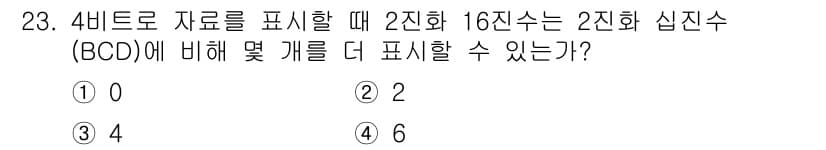 컴퓨터시스템기사(B형) 2020년 23번 - 4비트로 표현할 수 있는 값은 0에서 15까지입니다. 2진수로는 16개의... 에 관한 핵심 기출문제