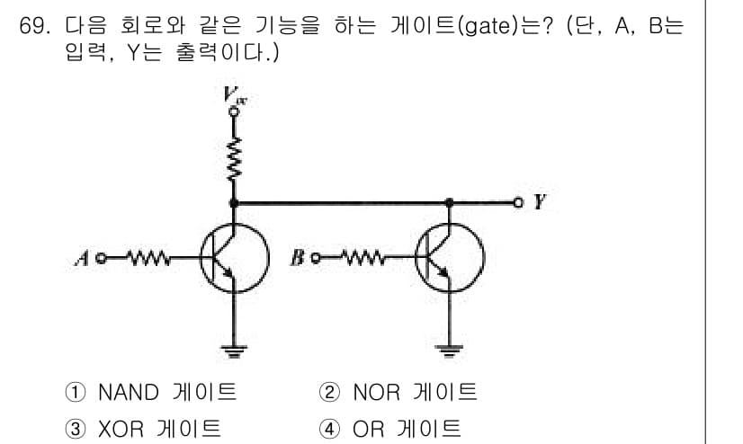 컴퓨터시스템기사(B형) 2020년 69번 - 주어진 회로는 NOR 게이트의 구조를 가지고 있습니다. NOR 게이트는 ... 에 관한 핵심 기출문제