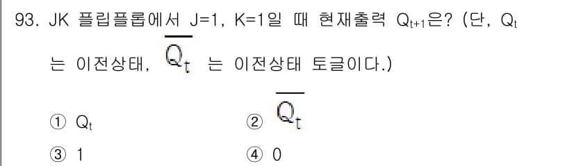 전자기사 2020년 93번 - JK 플립플롭에서 J=1, K=1일 때 플립플롭은 토글 상태가 됩니다. ... 에 관한 핵심 기출문제