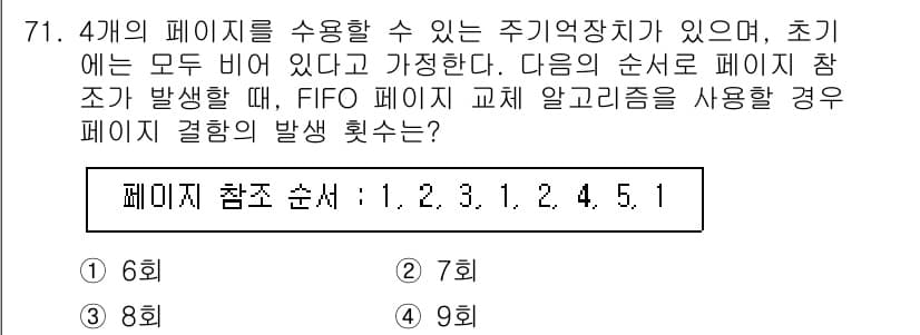 정보처리기사(구) 2020년 71번 - 주어진 페이지 참조 순서는 1, 2, 3, 1, 2, 4, 5, 1입니다... 에 관한 핵심 기출문제