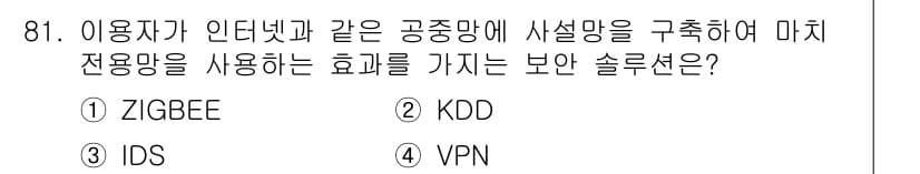 정보처리기사(구) 2020년 81번 - VPN(가상 사설망)은 공중망을 이용해 안전하게 연결할 수 있는 솔루션으... 에 관한 핵심 기출문제