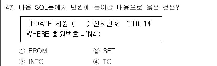 정보처리기사 2020년 47번 - SQL의 UPDATE 문에서 값을 설정할 때 사용되는 키워드는 'SET'... 에 관한 핵심 기출문제