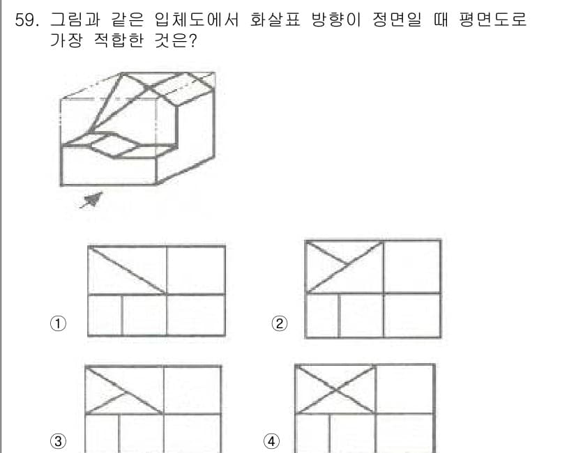 조경기사 2020년 58번 - 주어진 그림은 입체 도형의 평면도를 나타내며, 화살표 방향에서 보았을 때... 에 관한 핵심 기출문제