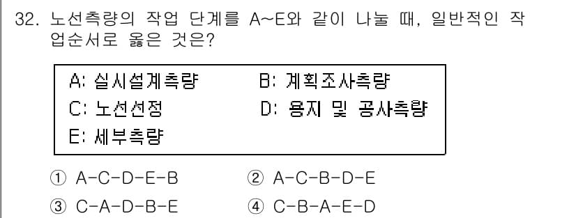 지적기사 2020년 32번 - 노선 측량의 작업 단계를 올바른 순서로 나열할 때, 다음과 같은 흐름이 ... 에 관한 핵심 기출문제